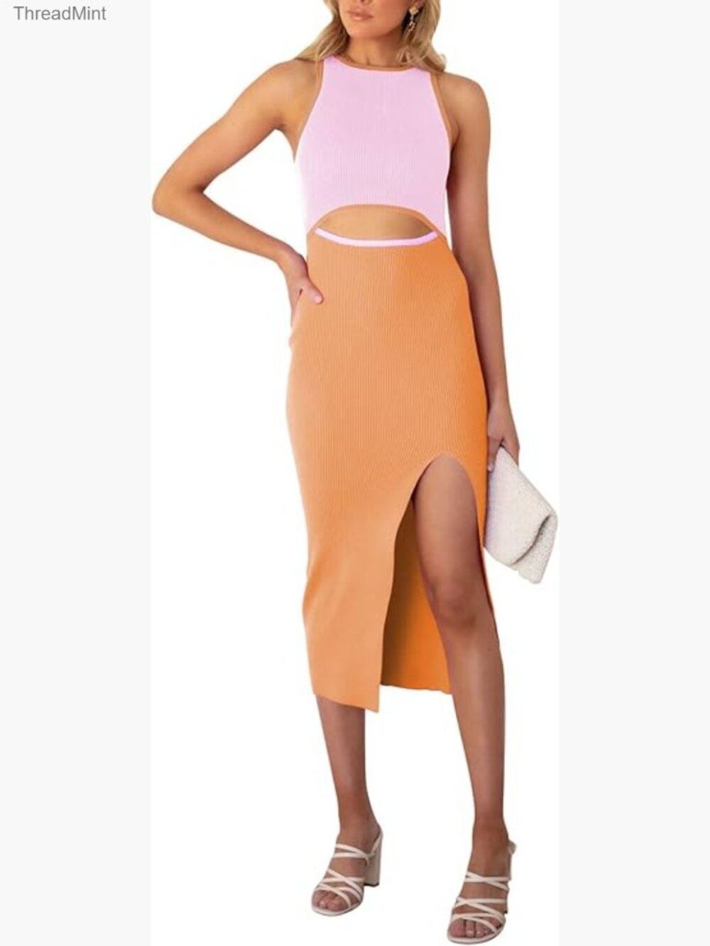 Knit Midi Dress with Cutout Front and Side Slit for Night Out